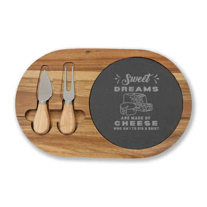 Engraved Charcuterie Board with Cheese Tools – "Sweet Dreams Are Made of Cheese" Slate Serving Set