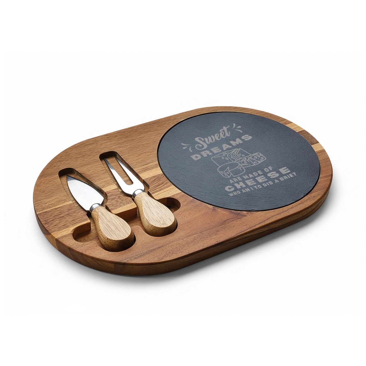 Engraved Charcuterie Board with Cheese Tools – "Sweet Dreams Are Made of Cheese" Slate Serving Set