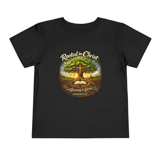 Rooted in Christ Toddler Tee — Growing in Grace Bible Verse Kids Shirt (Colossians 2:6-7)