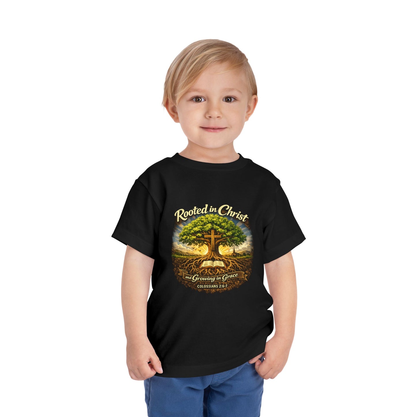 Rooted in Christ Toddler Tee — Growing in Grace Bible Verse Kids Shirt (Colossians 2:6-7)