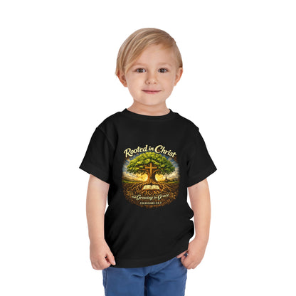 Rooted in Christ Toddler Tee — Growing in Grace Bible Verse Kids Shirt (Colossians 2:6-7)